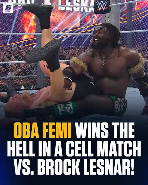 OBA FEMI EATS A TOMBSTONE ON THE EXPOSED RING BUT TAKES DOWN BROCK IN THE RUBBER MATCH! 🍿 #WWE #Wrestling #ObaFemi #BrockLesnar