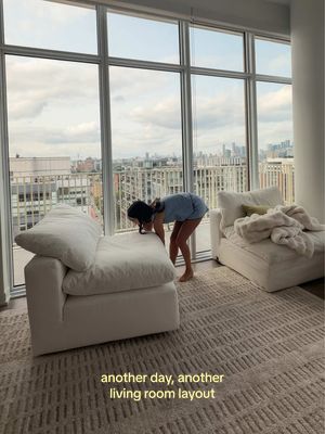Replying to @traciebeer ❌💙 another day, another living room layout!???? how many times can I rearrange my apartment?! 😂