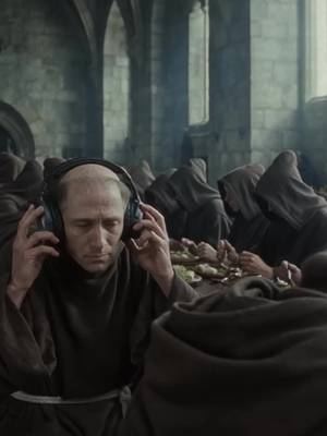 Monks discovering noise-canceling headphones