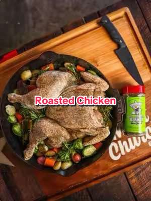 Garlic & Jalapeño Roasted Chicken. I seasoned a @greenerpastureschicken with our new Garlic & Jalapeño BLANCO over split potatoes & Brussels veggies in a cast iron skillet and roasted in a Traeger Grills for a complete one slillet meal. The chicken juices and seasoning made this absolutely delicious! The brand new video and recipe are now live on MeatChurch.com. #MeatChurch #BBQ #DinnerIdeas #Chicken #RoastedChicken
