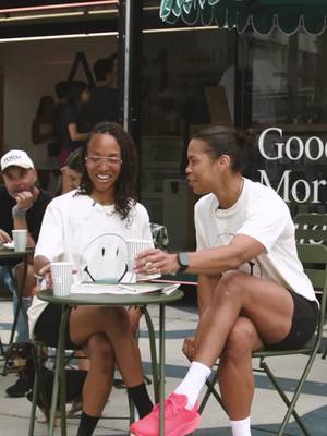 When the girls make it out of the group chat. 💚 @kaylajeter_ and @sharadamaddox met up at our Good Morning Café in Venice Beach to gab about summer goals, running, community, and connection. These are the conversations that fill our cups. With AG1, of course.