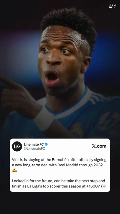 Vini Jr. is staying at the Bernabéu after officially signing a new long-term deal with Real Madrid through 2032 ✍️ Locked in for the future, can he take the next step and finish as La Liga’s top scorer this season at +1600? 👀 #laliga #realmadrid #vinijr #madrid #Soccer 