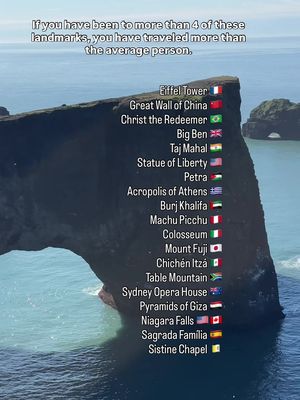 I’ve seen 10 so far & been to 12 countries on the list which means I still have some exploring to do. 📍Dyrhólaey Viewpoint, Iceland 🇮🇸  #travelreels #traveltheglobe travel quiz, where have been #iconiclandmark iconic landmarks 