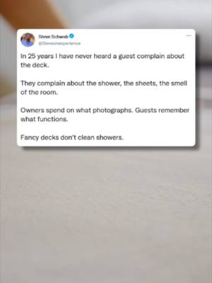 Fancy decks don't clean showers.  In 25 years of hospitality, guests rarely complain about the deck or luxury finishes. They complain about squeaky beds, dirty showers, and bad smells. Property owners often spend on what photographs well, but guests judge their stay on what functions smoothly. Focus on flawless cleanliness and flawless comfort before adding cosmetic upgrades. Bigger isn't the win. Better is. #VacationRentalTips #GuestExperience #PropertyManagement #HospitalityStandards