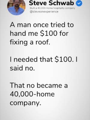Saying "no" to quick cash built a $40,000-home business.  Early on, a homeowner tried to hand me $100 after I fixed his roof. As much as I needed that money at the time, I turned it down because helping him out was about building a real relationship, not making a quick buck. That decision defined our entire foundation. When you prioritize integrity and long-term trust over short-term gain, you build something that actually lasts. Bigger isn't the win. Better is.                                                                                                                                         #LeadershipLessons #IntegrityFirst #BusinessGrowth #Entrepreneurship