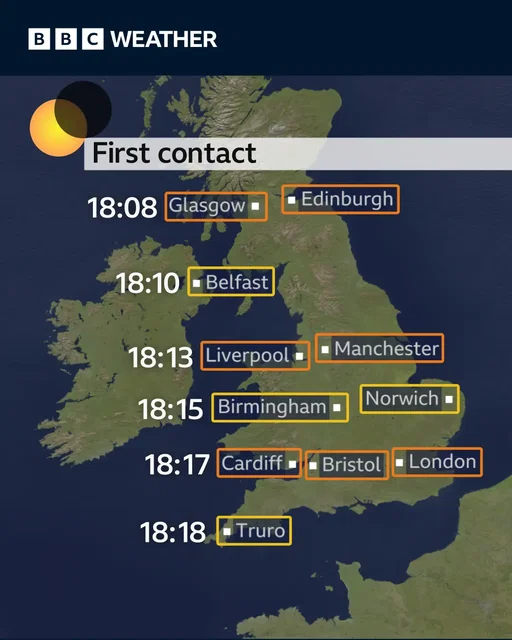 On 12 August, people in the UK will see a partial solar eclipse. Swipe to see what time different stages of the event are happening. 👉 But, remember to never look directly at the Sun, even during an eclipse, as it could damage your eyes. #SolarEclipse #Eclipse #UKWeather #NightSky #BBCWeather #BBCNews