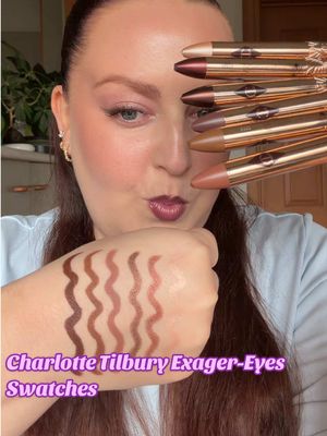 swatches of the @Charlotte Tilbury exagger-eyes eyeshadow sticks · satin diamonds · bronze garnet · astral topaz · mink sculpt · desert sculpt · chestnut sculpt #charlottetilbury #eyeshadowstick #creameyeshadow #exagereyes #makeupswatches 
