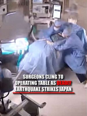 Surgeons cling to a patient on the operating table mid-surgery as a powerful 7.1 magnitude earthquake violently shakes a Japanese hospital. Surveillance video shows equipment rattling and staff scrambling to keep items from falling while the surgical team works to protect the patient as the room moves around them. The earthquake struck southwestern Japan, killing at least 39 people and forcing thousands into evacuation centers.