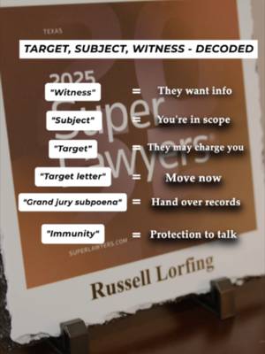 Witness. Subject. Target. Those labels can mean very different things in a federal investigation. A target letter, subpoena, or immunity offer isn't something to treat like ordinary mail. Read it with experienced counsel before you respond. #FederalLaw #FederalInvestigation #DOJ #FederalDefense #LegalEducation #WestTexas #KeithAndLorfing