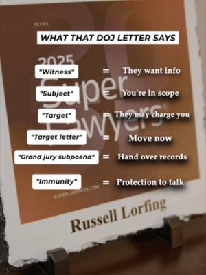 Got a letter from the federal government? Don't assume "witness" means you're completely in the clear - or that a "target" letter means charges are already filed. The language matters, and so does how you respond. Before you reply, talk to federal counsel. #FederalCriminalDefense #FederalInvestigation #DOJ #GrandJury #KnowYourRights #WestTexas #KeithAndLorfing