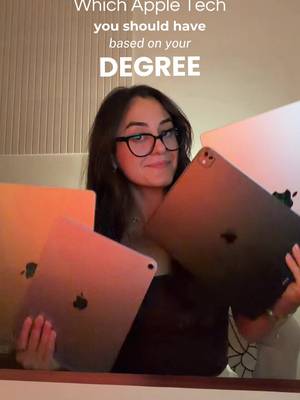In my opinion, this is what you should have/get based on your uni degree and here’s why: iPad Air: lots of reading, note-taking, presentations, and everyday coursework. iPad Pro: for handwritten notes, diagrams, annotation, and creative work. MacBook Air: For all the research, writing, multitasking, and all-day portability. MacBook Pro: Great for coding, rendering, editing, simulations, and demanding software  Don’t forget that Apple has back to school offers so take advantage of that!!🤍🎧