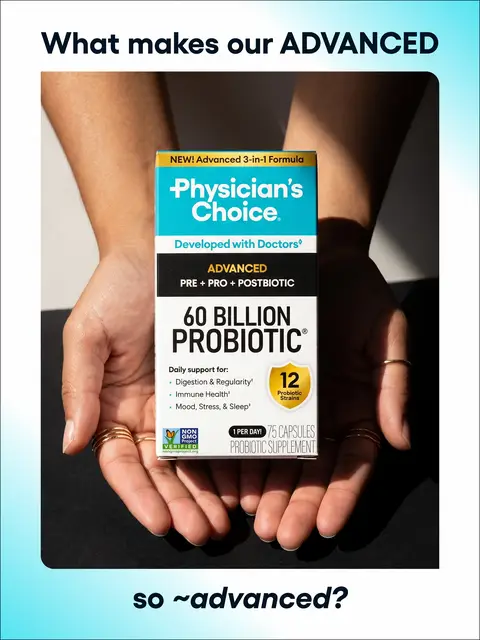 A clinically studied postbiotic, the newest of the three biotics and the one most people have never heard of. Plus 12 diverse probiotic strains, because each one does a different job. Together they support digestion, regularity, immune health, mood and stress balance, and sleep quality.‡ Available at Costco NOW ‡These statements have not been evaluated by the Food and Drug Administration. This product is not intended to diagnose, treat, cure, or prevent any disease. #physicianschoice #probiotichealth #costcofinds #postbiotics