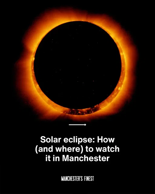 People across the UK will be able to witness a partial solar eclipse today, Wednesday 12 August, the most impressive of its kind for nearly 30 years. As the moon travels in front of the sun, up to 96% of its light will be blocked out, and while views may be a little more dramatic down South, we’ll still get up to 90% coverage here in Manchester. The last time coverage was this full was in 1999, and it won’t be again until 2081 so this is truly a once-in-a-lifetime chance to witness the solar spectacle. Even better, the Met Office is predicting clear skies (even here in Manchester) which means viewing should be unimpeded and we’ll be able to witness the partial eclipse at its true scale. The eclipse will begin at 6.13pm, with the height of the moon’s coverage at 7.10pm and the whole thing should last around two hours, finishing at 8.04pm. Given the weather forecast (fingers crossed), anywhere with a clear view of the Western Horizon should be a good enough spot to witness the event as the sun is set to be a helpful 12.5° above the horizon, so buildings shouldn’t be an issue. You will, however, need some precautions to watch and regular sunglasses are not enough to view the eclipse safely. If you want to witness the event, you’ll need certified eclipse glasses or a pinhole projector. Luckily, there’s a few spots providing them, along with some great places to view the eclipse and a few other celestial-themed activities going on in and around town… LINK IN BIO for full details 🔗