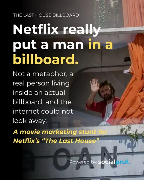 No screen needed, people stopped their cars just to see if it was real. 👀 Swipe to see how far it actually spread across social media. ➡️ 📊 Follow for more marketing breakdowns like this, or book a demo with us to track your own campaigns 🔗 #thelasthouse #netflix #marketingstunt #ooh #socialmediaanalytics  @Netflix @N8ey 