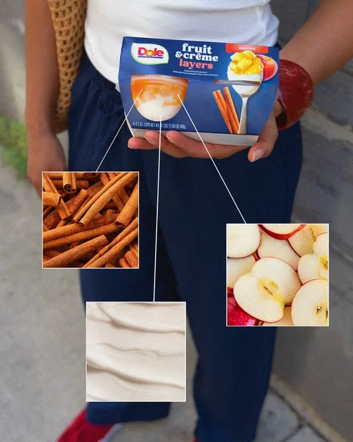 Diced apples + smooth vanilla crème + cinnamon = perfection 🍎🤩 #Dole #FruitandCreme #layers #cinnamonapple 