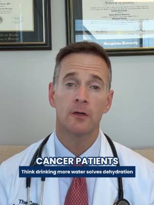 Most cancer patients think drinking more water solves dehydration during chemo, but dehydration isn’t always just about fluid. During chemotherapy, vomiting, diarrhea, sweating, and reduced food intake can cause electrolyte losses—especially sodium, potassium, and magnesium. That means replacing fluids without replacing electrolytes may not fully correct the problem. In some situations, excessive plain water intake can even further dilute sodium levels. Signs of electrolyte imbalance can include unusual fatigue, muscle cramps, weakness, dizziness, or lightheadedness when standing. During treatment, hydration should be individualized based on symptoms, medications, lab results, and what your oncology team recommends. Water matters. But during chemotherapy, what’s dissolved in that water can matter too. Talk with your oncology team before adding electrolyte products, especially if you have kidney, heart, or blood-pressure conditions. #IntegrativeOncology #CancerSupport #CancerPrevention #CancerCare