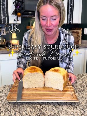 🍞✨ Beginner-Friendly Soft Sourdough Sandwich Bread ✨🍞 Part 1 is on my page if you want to follow along, if you already know what you’re doing and just want the recipe…. It’s below ⬇️  It’s August which means my sandwich bread recipe is back! This is a go to every week for us, we use it for sandwiches for toast and even just cut slices to eat bear because it’s so good.  The free recipe is below however if you prefer a printable version, all of my recipes are available through a link in my bio for $1 a month.  Ingredients • 500g bread flour • 150g active sourdough starter • 300g water • 25g maple syrup  • 20g avocado oil  • 10g salt Instructions 1️⃣ Mix the water and starter first. 2️⃣ Add the remaining ingredients and mix until fully combined. 3️⃣ Cover and rest for 30 minutes to an hour  4️⃣ Stretch & fold, then rest 30 minutes. 5️⃣ Another S & F rest 30 minutes. 6️⃣ Final S & F, leaving the dough seam-side down. 7️⃣ Let the dough bulk ferment until fully fermented.  8️⃣ Shape: • Gently stretch into a rectangle • Fold each side halfway toward the center • Roll up tightly, tuck the ends under • Place into a parchment-lined loaf pan 9️⃣ Cover and cold ferment overnight in the fridge. 🔟 Bake day: • Remove dough from fridge and allow it to do second rise.  • Preheat oven to 425°F • Score 3 straight lines across the top • Lightly mist with water • Cover with a second loaf pan ➡️ Bake 30-35 minutes covered ➡️ Remove top pan, bake 5-10 minutes uncovered and toast another 5 minutes on the rake bare.  Let rest 1 hour before slicing. Soft, fluffy, and slices like a dream 🤍