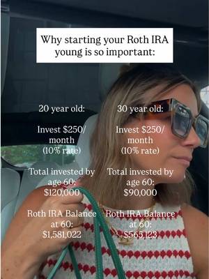 The best thing you can give your investments? Time. Starting a Roth IRA at 20 vs. 30 might not feel like a huge difference, but compound growth says otherwise. The earlier you can start investing, the more time your money has to grow. Want to see what your numbers could look like? Click the link in my bio to use our investing calculator & plug in your own numbers! #investing #retirement #moneyadvice 
