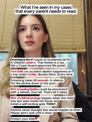 As a personal injury attorney, I have seen what happens when these moments are missed. Please read this. Drowning is the number one cause of accidental death in children under 4. It happens in 60 seconds. In complete silence. Arm floaties are toys, not safety devices. Use a Coast Guard-approved life jacket and put the phone down. 1 in 4 child car accident deaths happen on trips under 5 miles. Buckle them in every single time. No exceptions. 80% of cycling deaths could be prevented with a helmet. A single fall can be fatal. 69% of child drownings happen when the child was last seen inside the home. Install a self-locking pool gate today, not tomorrow. The parents in my cases never thought it would happen to them. Please do not wait until it does. If your child was injured due to someone else's negligence, Ribowsky Law is here for your family. Free consultation: (516) 531-7833. #childsafety #parentingtips #drowningprevention #caraccident #personalinjury          