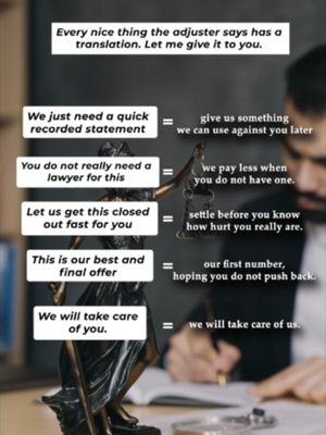The adjuster may be friendly - but they're working for the insurance company. Don't let a smooth conversation pressure you into a statement or settlement before you're ready. Save this for your next insurance call. #PersonalInjury #InsuranceAdjuster #Settlement #TexasLaw #WestTexas #KeithAndLorfing