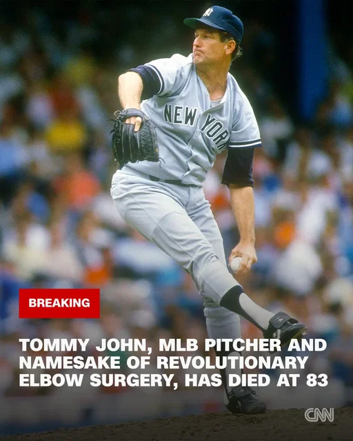 Former MLB pitcher Tommy John, who is best known as the namesake of a pioneering elbow surgery that extended his career, passed away Saturday at age 83, according to a statement from the New York Yankees. In 1974, John underwent Ulnar Collateral Ligament Reconstruction surgery, as it's medically known. The operation is a grafting procedure in which doctors take tendons from another part of the body – the forearm, hamstring, hip or knee – and replace the medial ligament in the elbow with the grafted portion. Two holes are drilled into the patient's arm bones and the replacement ligament is woven between the two holes in a pattern resembling a figure-eight. After the experimental procedure, John missed the entire 1975 season before returning to the big leagues and pitching all the way through the 1989 season. The left-hander made 700 career starts, with 382 of those coming after his 1974 surgery. "The New York Yankees mourn the passing of Tommy John, who was a bedrock of our rotation during his time in pinstripes and a longtime favorite of Yankees fans," the Yankees said in a statement Sunday. 📸: Focus On Sport/Getty Images