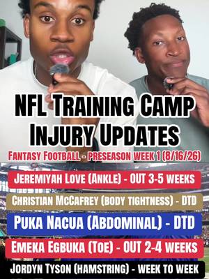 MAJOR injuries already picking up including Jeremiyah Love, Christian McCafrey, Puka Nacua, Emeka Egbuka, Jordyn Tyson, and Josh Jacobs #fantasyfootball #fantasyfootballadvice #christianmccaffrey #jeremiyahlove #jordyntyson 