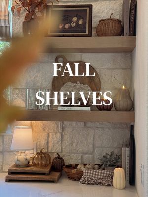 my kitchen shelves have never been styled for fall before until today 🍂  summer minimal to cozy fall kitchen using my back-middle-front formula Save this for your fall shelf styling! #fallshelves #kitchenshelves #fallkitchendecor #shelfstyling #cozyhome   