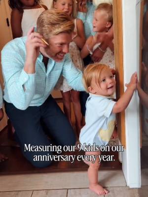 Every year on 5/14 (our wedding anniversary), we measure everyone to see how much they’ve grown using this board that’s attached to a door frame. We had our builder put it there when we built our house, and it’s such a sweet reminder of healthy, growing children.   When do you usually measure your kids?☺️ #kelliingram #bigfamilycheck #familyof11