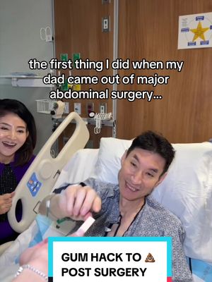 Full circle moment 🥹 Years ago, the first thing my GI husband handed me after my C-section was a piece of gum… so when my dad came out of abdominal surgery, guess what I handed him…There’s actually medicine behind it. Chewing gum after abdominal surgery can send a “food is coming” signal from the brain to the gut and can help GI function wake back up sooner, including earlier passing of gas + bowel movements. Such a simple little post-op trick with a surprising amount of research behind it. #surgeryrecovery #guthealth #constipation #doctortok 