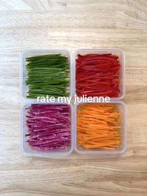 How to Julienne Vegetables 🌶️🥒🥕🫜 KNIFE SKILLS YOU SHOULD KNOW - ep.2 INSTRUCTIONS ⬇️ 1. Start off by peeling your vegetables - in most cases, when dealing with root vegetables in particular, the peel will not be used. However, with softer vegetables like cucumber and bell peppers, the skin is essential!  2. Cut your vegetables into segments. Technically speaking, a Julienne is meant to be between 2 and 3 inches long. Cut your segments accordingly! From here, you can square off your segments to make sure they lay flat on all sides, and don’t have any irregular edges.  3. Cut your vegetables into sheets. You want your sheets to be an even 3mm thick. You can use a knife do do this, however, a mandolin is very useful as well! Just be VERY careful when using a mandolin, especially with root vegetables.  4. Once you have your vegetable "sheets" stack them in piles of 4-5 (any more, and your pile will likely shift around). Using a similar motion to a chiffonade, cut your sheets into thin batons that are as wide as the sheets are thick (you’re looking for 3mm x 3mm). Work slowly and methodically - the more focused you are, the more precise your cuts will be.  5. Serve your julienne in a salad or slaw of your choice, and enjoy!  #knifeskills #julienne #frenchcooking #homecooking #Recipe 