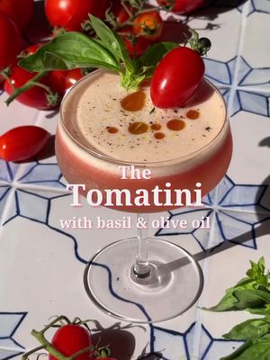Tomato season 🍅🍃🍸 Tomatini with Basil and Olive Oil 1-2 Campari tomatoes (cut in quarters) ¼ oz simple syrup ½ oz white balsamic vinegar  2 oz gin  Pinch of flaky sea salt  Cracked black pepper  3-4 basil leaves  Olive oil for top Cherry tomato, basil sprig, and black pepper for garnish  Start by muddling tomatoes and simple syrup in a cocktail shaker to release all the juice from the tomatoes. Add in balsamic, ginger, salt, pepper, and basil leaves. Fill the shaker with ice and shake until cold. Double-strain into a martini glass, top with some more pepper and a drizzle of olive oil. Garnish with a tomato and basil leaves.    #tomato #tomatini #tomatoseason #cocktailrecipes #cocktail 