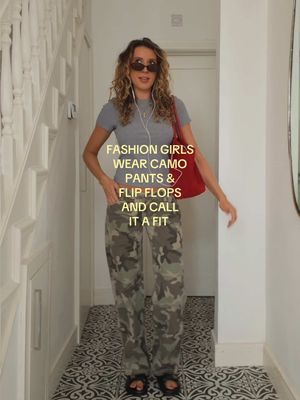 Camo print is a neutral ⭐️ army pants and flip flops will forever be a fit.  Camo print jeans linked on my LTK girls. The link to shop is in my bio 🫶🏻 @BERSHKA  @& Other Stories  @DeMellier  #camoprint #camopants #camopantsoutfit #casualoutfits 