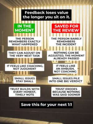 Most managers think feedback is about being right. It's not, it's about timing.  The same note, said in the moment, builds trust. Said weeks later in a review, it feels like an ambush, even when it's true.  Do you give feedback in the moment, or save it for the review?                                                                                                                                                        #LeadershipDevelopment #WorkplaceCulture #managementtips  #TeamCoaching