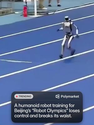 A humanoid robot went viral after a high-speed practice run ahead of Beijing's World Humanoid Robot Games ended in a dramatic crash, with the robot slamming into a safety barrier and sparks flying from its body. The incident comes just days before the second World Humanoid Robot Games, running August 22-26, where 2,056 robots from 16 countries will compete in events ranging from sprinting and soccer to firefighting and real-world tasks. Traders predict only an 8% chance Tesla will release a humanoid robot before 2027. #robot #fail #humanoid #china #funny 