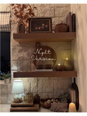 My fall kitchen shelves by day vs night — the night version is my favorite 🌙✨  Would you leave a little lamp on in your kitchen? #fallkitchen #cozyhome #falldecor #kitchendecor #nightvibes