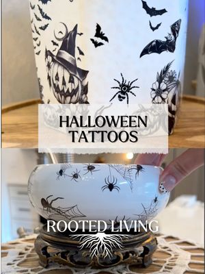 Halloween temporary tattoos and turned a simple white flower pot I already had into the cutest Halloween decor! I added a few to a little cauldron-style candy dish too, and just like that… instant Halloween vibes.  No mess, no fancy supplies—just a little water on a rag, hold it on for a few seconds, peel it away, and let it dry. Once they’re dry, they stay put! And here’s the crafty secret… temporary tattoos come in SO many designs, themes, holidays, and styles. They’re such a fun way to customize your decor, gifts, party supplies, and so many other things. IMPORTANT INFO: Temporary tattoos will adhere to glass and porcelain, and they can stay on for a very long time if they are not heavily washed. Because glass and porcelain are non-porous and smooth, the adhesive bonds to them even better than it does to human skin. How They Behave on Ceramic and Glass 🕷️Application: They transfer exactly the same way they do on skin. You place the design face down, wet the paper backing, and slide it off.  🕷️Longevity: On a decorative item (like a display plate or vase), the tattoo can last for years without peeling.  🕷️Durability: The adhesive is water-resistant but not dishwasher-safe or friction-proof. Scrubbing the surface or using harsh soap will peel it off.  Tips for Making Them Last 🕷️Clean the surface: Wipe the glass or porcelain with rubbing alcohol first to remove any oils. 🕷️Seal the design: Apply a thin layer of clear acrylic sealer or Mod Podge over the transferred tattoo to protect it from scratching or washing off.          🕷️Bake (Porcelain only): For mugs or plates, you can bake the piece in a home oven at 300°F (150°C) for 30 minutes.  I’m telling you, these deserve their own section in the craft supply aisle!  Crafters, add these to your stash! #fyp#fypy #halloween #tattoo #decor