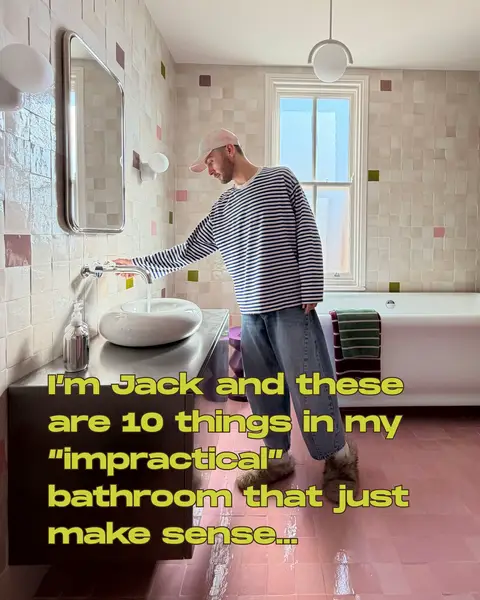 Welcome to my bathroom - very kindly named “impractical” by many 😅 let me show you around…  First a little reminder of where we started (there wasn’t anything ‘wrong’ with this bathroom it just wasn’t our vibe). I’ve wanted one of these Trone Orbe sinks for yeaaaars!! This is probably the thing most people say is impractical, and I agree.  The bowl area itself is pretty small and there is no plug to actually stop it draining. But I still LOVE it! 🤩  I had this floating vanity custom made. It’s a timber carcass clad with stainless steel - basically one BIG drawer, so plenty of storage.  I did actually get a design etched into the steel, but when it arrived in person I hated it - after hours and days of sanding it down, we got there (well Thom got there) 🙏  Stainless steel has a lot of pros for being in the bathroom (I think) buuuuuut you have to be willing to deal with smudges and marks! The star of the show - the green & pink walk-in shower.  This is essentially the same size as the old shower, but one thing I hated with the old shower was the lack of storage. So, I knew I wanted a pony wall…with a hidden recess so we can hid all our not so aesthetic products…and then a display recess purely to display our more aesthetically pleasing products, because I’m that extra  A HUGE bath was a must! I initially wanted a Water Monopoly one (iykyk) but the lead times were insane!   I went for this ‘Senator’ one with ball feet instead. It actually turned out to be much better, it’s slightly larger, which means I can enjoy it without any need to bend my knees 🥹  Trying to find nice heated towel rails is actually so difficult - I was a bit skeptical about these Eskimo Gordon ones.  However I’ve been really pleasantly surprised, it kind of blends into the background, and kicks out quite a bit of heat 🔥  If you’re going to do a WC you may as well go big…pink everywhere kind of big! 🚽  This is another one of the things lots of you have said is impractical - and yeah, probably agree. The flush on these toilets is pretty weak…thankfully this one is dedicated for No1’s only 👀  I couldn’t go all out in here then just have a basic loo roll holder. 🧻 Ohhh and of course there’s the matching pink sink. This one is actually so perfect for this space, it fits nicely in the corner without taking up too much estate. The one here before was way too big, you couldn’t open the door fully.  And that’s my ‘impractical’ bathroom! - which room shall I decorate next? 🤔  #interiordesign #dopaminedecor #bathroominspo #bathroomdesign 