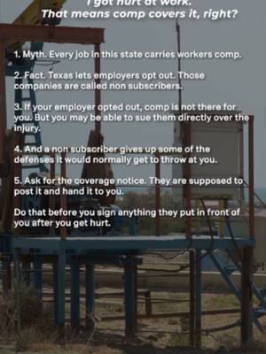 Think every Texas job automatically comes with workers' comp? Not necessarily. Texas allows some employers to opt out of the workers' compensation system, making them “non-subscribers.” If you're injured at work, find out what coverage your employer actually carries before signing anything. #TexasLaw #WorkplaceInjury #WorkersComp #OilfieldInjury #WestTexas #TexasLawyer #KeithAndLorfing