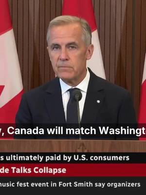 After trade talks collapsed last night, Mark Carney promises dollar-for-dollar retaliation against new 50% U.S. tariffs: "Canada will match Washington's new tariffs dollar for dollar in order to protect Canadian workers, farmers, families and businesses. Our response will be concentrated in sectors such as steel, dairy, appliances, agricultural equipment, pulp and paper and electronics." Carney said the talks ended after the U.S. made last minute demands that were unacceptable.
