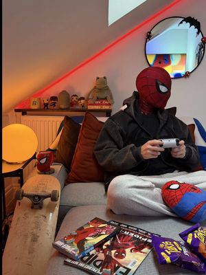 current status: dodging reality and pumpkin bombs 🎃🎮 #apartmenttherapy #roominspiration #bedroomideas #spidey #ledlights 