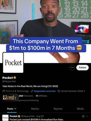 This Y Combinator Backed Startup “Pocket” just went from $1m to $100m in Annualized Run Rate in 7 months, making it one of the fastest growing consumer hardware startups ever.  But the wild thing is Pocket did this by creating an AI product that does the most simple thing ever.  Pocket (heypocket.com) - An AI note ticker that records and summarizes your meetings in the real world.  Pocket is a hardware device that sits on the back of your iPhone, and with the simple press of a button, you can start recording a meeting and get a full transcription and summary when it's finished.  The idea is incredibly simple, and that's what's allowed the Pocket team to be so successful. They understand consumer behavior, and it's helped them win in a big way less than a year after finishing Y Combinator.  Startup, Pocket, AI, Investor, Venture Capital, Y Combinator, Founder, AI Startup, Startup News