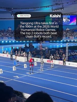 At the World Humanoid Robot Games 2026, Tiangong Ultra takes first place, followed by HONOR LIGHTNING in second.   A thrilling display of speed, balance, and dynamic locomotion as humanoid robots compete head-to-head on the track.   Kalshi traders give humanoid robots a 49% chance to walk on Mars before a human does.