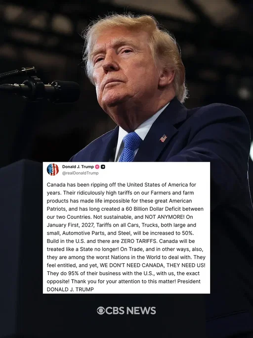 President Trump said in a social media post on Monday that the U.S. will impose a 50% tariff on all Canadian automotive and steel imports, effective Jan. 1, 2027, after trade talks between the two nations collapsed. "Canada has been ripping off the United States of America for years," Mr. Trump wrote on Truth Social. U.S. tariffs of 50% went into effect Saturday on hundreds of Canadian goods, including imported hockey sticks and agricultural products. Canada has vowed to retaliate with its own tariffs on U.S. products, which are set to take effect Sept. 8, according to Canadian Prime Minister Mark Carney. #trump #carney #canada #tariff #breakingnews 
