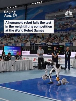 A humanoid robot dropped a weightlifting bar during the World Robot Games in China. The games feature several competitions among robots and are meant to test technological advancements in the field.