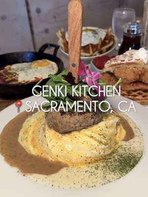 Does anyone know what their secret menu item is? They didn’t have it when we went 😖 @Genki Kitchen is a fun Japanese brunch spot serving creative dishes made with locally sourced ingredients. They’re also having events like Cars & Cards, with nice cars, Pokémon card raffles, gift cards, etc. Here’s what we got: 🧇 Katsu Chicken & The “Waffle Nut” - $21.95 (the chicken was super crispy and we both love the subtle hint of coconut flavor from the waffle - 9.5/10) 🍛 Genki Loco Moco - $22.95 (the brown gravy elevated the whole dish, the tornado egg added a nice touch as well - 9.5/10) 🥞 Genki Okonomiyaki - $16.95 (this was very unique and the pancake itself kinda reminds us of Takoyaki - 7.5/10) 🍟 Genki Poutine - $13.95 (so simple but the curry on top makes the whole thing very comforting, just a bit more cheese and bacon would make it even better - 8/10)  🍞 Shoku Pan Toast - $4.50 (we demolished it! It was toasted until slightly crispy on the edges but soft & fluffy in the middle! It’s like bread infused with condensed milk! Absolutely amazing, but the jam was a bit runny - 9/10)  🥂 White Peach Mimosa - $8.95 (7.5/10) 📍Genki Kitchen - 855 57th St Ste C, Sacramento, CA 95819 (Their new hours: 8:30am - 3pm)