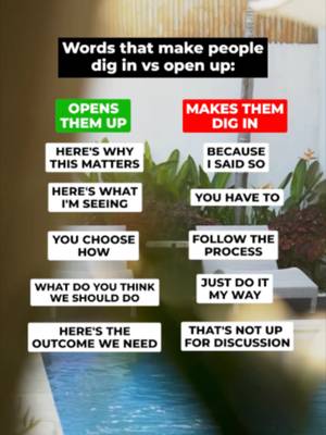 How words shape team execution.  The choice of phrasing determines whether a team opens up to collaborate or digs in to resist. Demanding strict compliance creates defensive barriers, while explaining context and outcomes inspires voluntary engagement. Comparing command vs. collaboration: - Opens Them Up: "Here's why this matters," "You choose how," and "Here's the outcome we need." - Makes Them Dig In: "Because I said so," "Follow the process," and "That's not up for discussion." Lead through shared understanding rather than absolute authority. Bigger isn't the win. Better is. #LeadershipCommunication #WorkplacePsychology #TeamManagement #ExecutiveStrategy