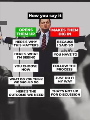How you say it decides if they listen.  Phrasing dictates whether a team opens up to collaboration or digs in with resistance. Demanding compliance through positional authority triggers defensive behavior, while focusing on context and outcomes invites active ownership. Language shifts that change team dynamics: - Opens Them Up: Explaining the "why," inviting input, focusing on desired outcomes, and giving autonomy over execution. - Makes Them Dig In: Demanding compliance, shutting down discussion, enforcing rigid steps, and relying on "because I said so." Influence is built through invitation, not mandate. Bigger isn't the win. Better is. #LeadershipCommunication #WorkplacePsychology #ManagementTips #TeamAutonomy