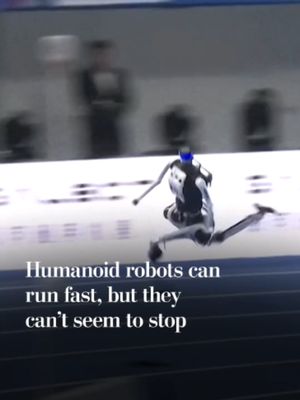 Chinese humanoid robots have been breaking human athletic records in several events at The World Humanoid Robot Games in Beijing, including in a 100-meter sprint. The robots are very fast but not very good at stopping, often crashing into padded barriers and sometimes catching fire. More from The Washington Post at the link in our bio. #robot #robots #robotfail