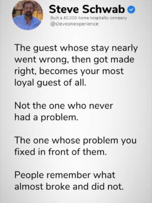 People remember what almost broke and did not.  The most loyal guests aren't always the ones who had a completely uneventful stay. True loyalty is often built in the moment an operational issue arises and leadership step up to resolve it with speed, transparency, and care. When a stay almost goes wrong but gets made right: - Trust Is Proven: Actions under pressure reveal true commitment to service. - Empathy Creates Loyalty: Solving a problem in real time builds a deeper human connection than a routine, flaw-free stay. - Service Recovery Sets the Standard: Exceptional recovery turns a potential negative review into a brand advocate for life. Don't fear the breakdown, master the recovery. Bigger isn't the win. Better is. #GuestLoyalty #CustomerRetention #ShortTermRentals #FoundersMindset