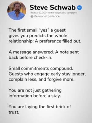 The first small yes predicts the whole relationship.  Guest trust isn't built at check-in, it starts during the pre-arrival conversation. Every small interaction before arrival acts as a building block for the entire guest experience. Why early pre-arrival engagement matters: - Small Commitments Compound: Filling out a preference form, answering a quick message, or sending a pre-arrival note builds mutual investment early. - Friction Is Reduced: Guests who engage prior to arrival feel heard, complain less, and extend higher grace if minor issues arise. - Trust Begins Early: Gathering pre-arrival information isn't just administrative data collection, it's laying the foundation of confidence. Build the first brick of trust before the guest ever turns the key. Bigger isn't the win. Better is. #GuestTrust #PreArrivalExperience #HospitalityStandards #PropertyManagement